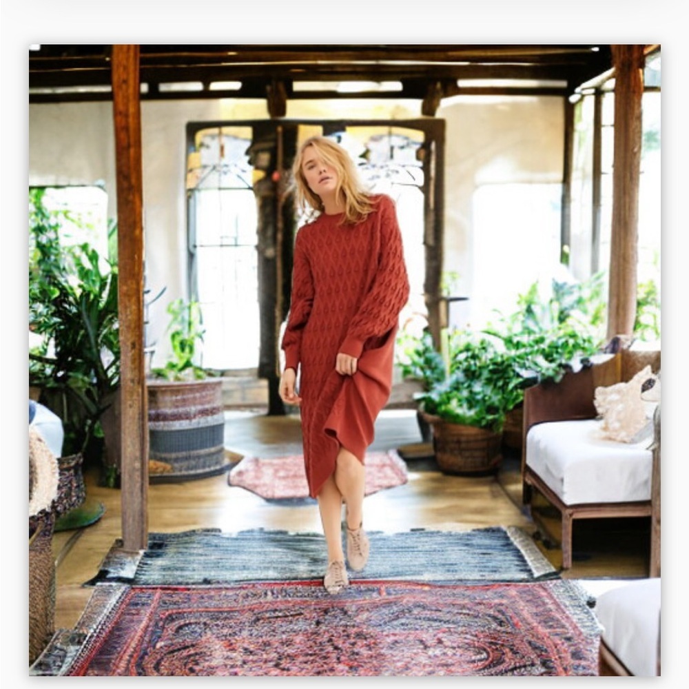 Free People Terracotta Cable Knit Midi Nicole Sweater Dress SZ M NWOT 😍​​🍂